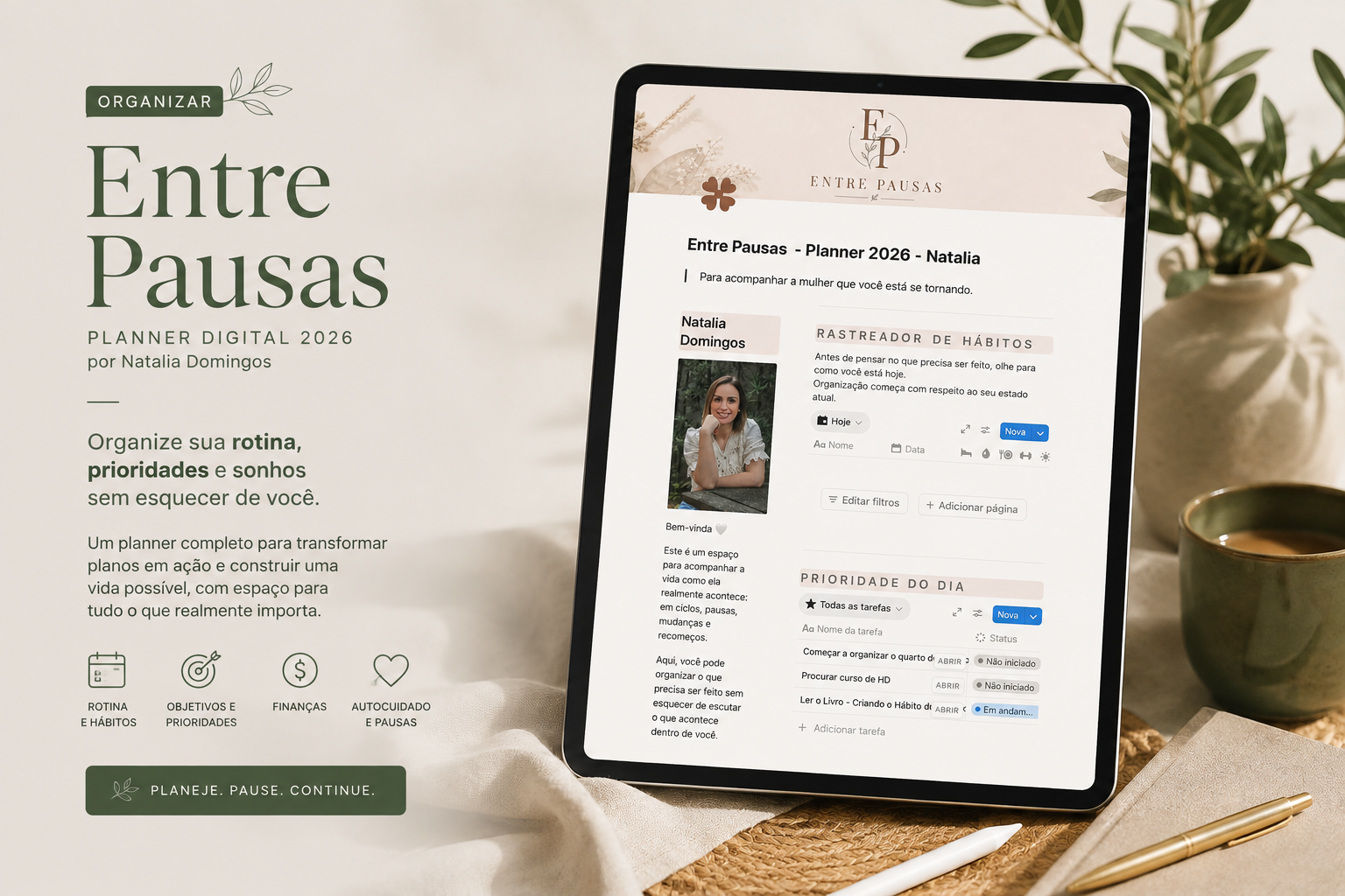 Planner digital Entre Pausas aberto no tablet