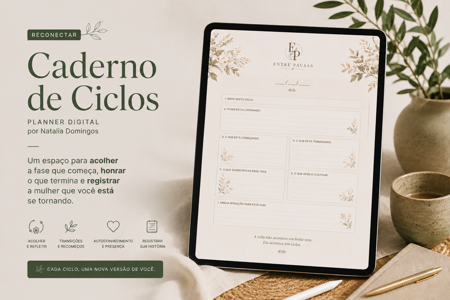 Planner digital Caderno de Ciclos aberto no tablet