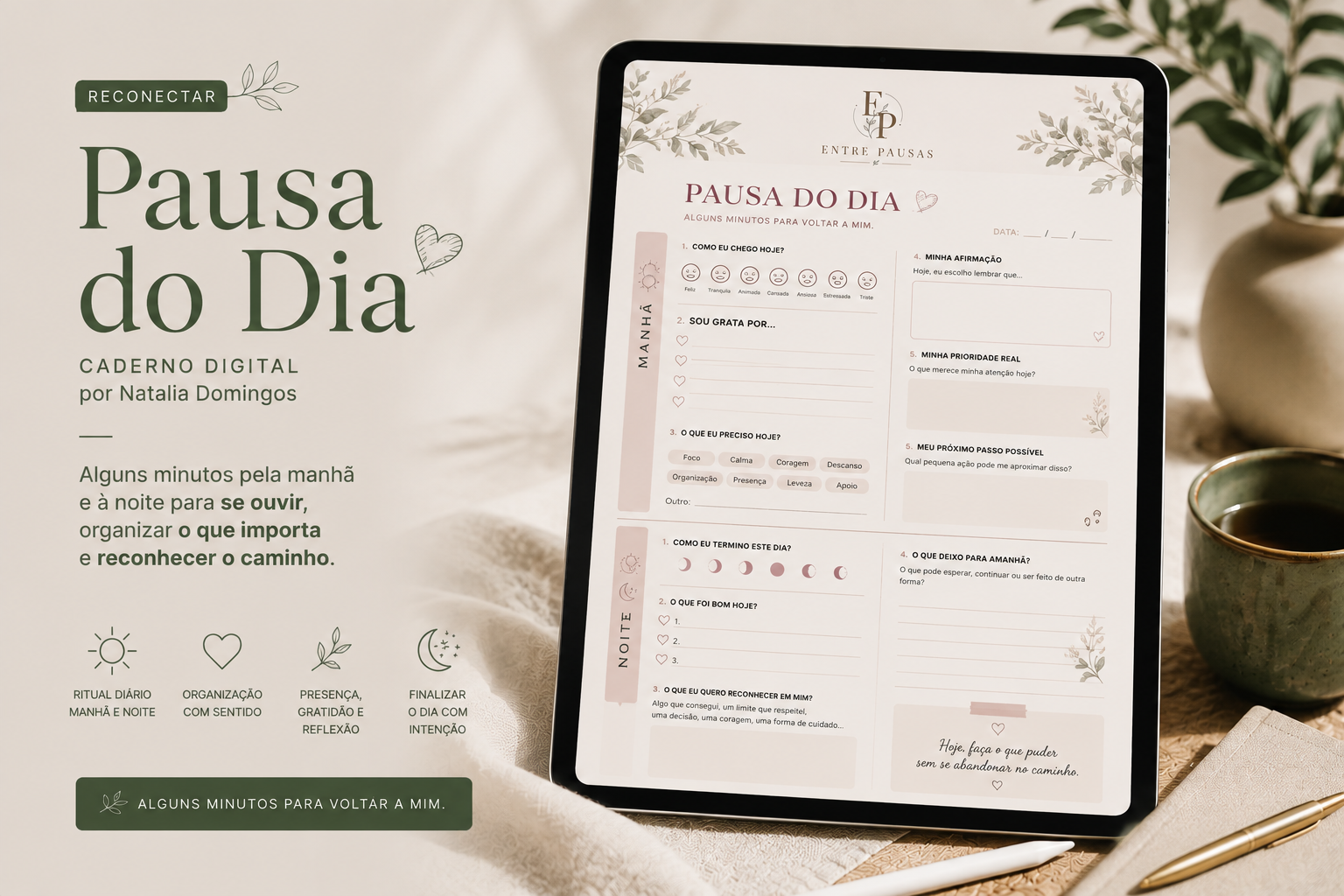 Caderno digital Pausa do Dia aberto no tablet